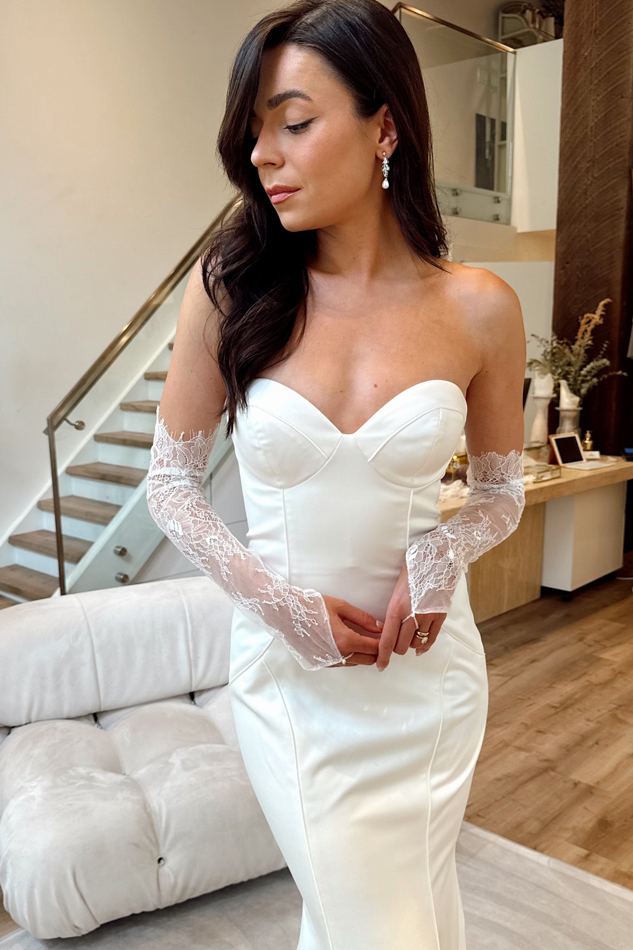wedding dress with gloves Exquisite Strapless Mermaid Removable HAREM's Brides the dress includes delicate lace gloves that add a hint of aristocratic finesse to your wedding day ensemble Clara Gloves