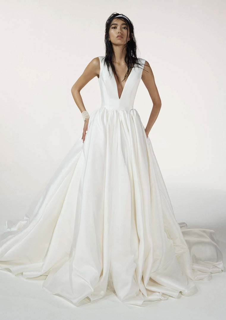 Long Sleeve Mikado Ball Gown Wedding Dress With Dropped Waist And Deep  V-neckline | Kleinfeld Bridal