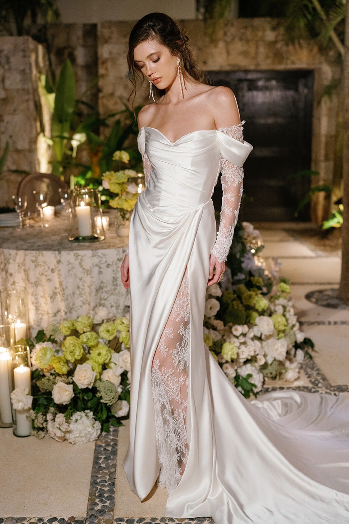 watters designs wedding dresses Watters Harlow Off-The-Shoulder Satin & Lace Wedding Gown